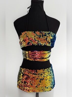 Clubexx Rainbow Sequin Rave Set ✨ Halter Top + Lace Up Bottoms Size M